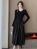 Black Hollow Knitted Long-sleeved Dress Women's Autumn Feeling Hepburn Style Small Black Dress Temperament Waist Long Skirt