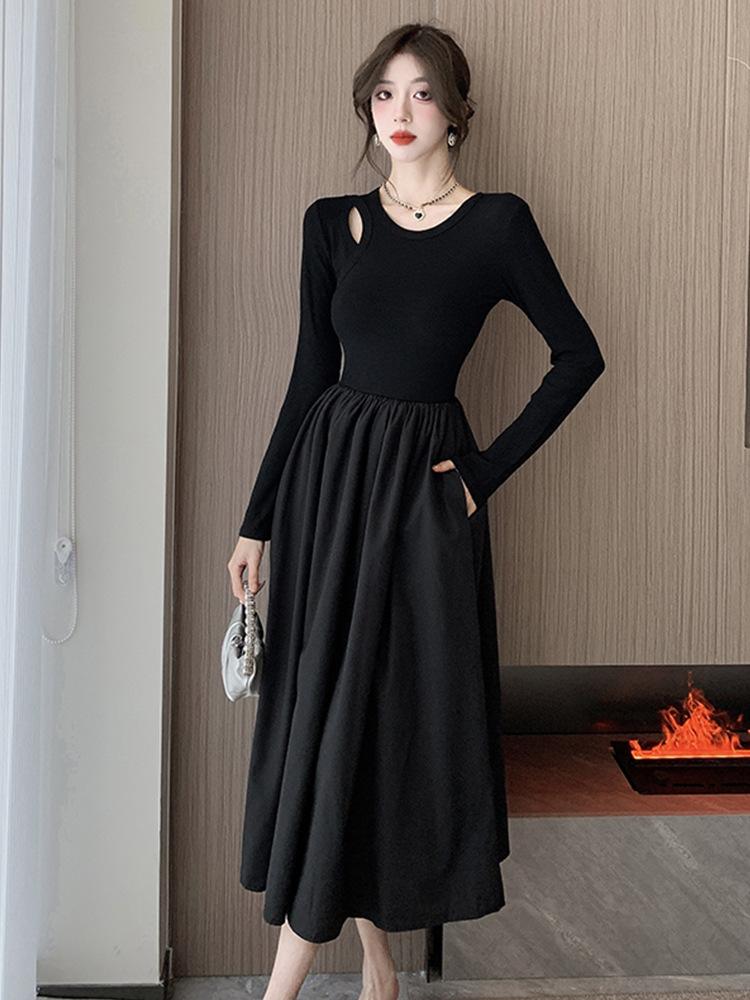 Black Hollow Knitted Long-sleeved Dress Women's Autumn Feeling Hepburn Style Small Black Dress Temperament Waist Long Skirt