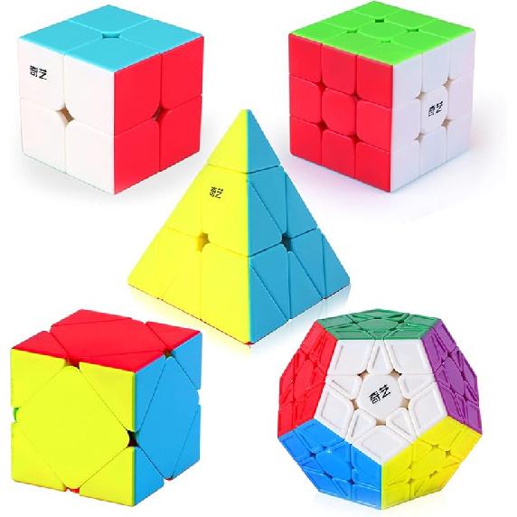 Roxenda Speed Cube Set, [5 Pack] Magic Cube Bundle of 2x2 3x3 Skew Megaminx Cube and Pyramid Cube Smoothly Stickerless Speed Cubes Collection for Stickerless