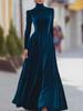 Vestido Largo de Terciopelo Dorado con Cuello Alto, Mangas Abullonadas y Cintura Ajustada para Mujer – Elegante Falda Amplia de Otoño/Invierno.