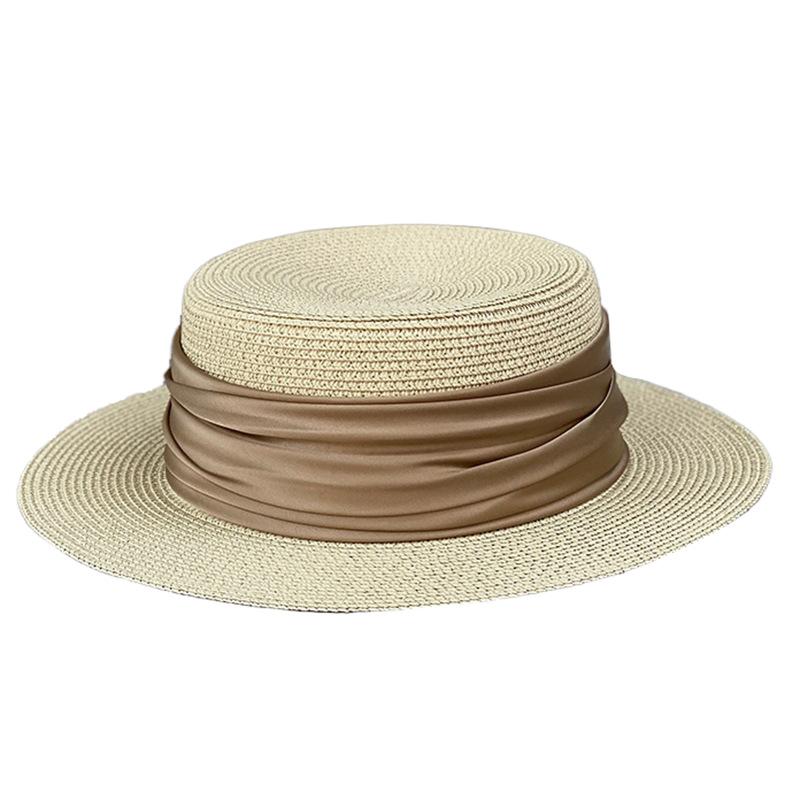 Temperament Promi Flacher Strohhut Japanischer Schlichter Zylinder Damen Sommer Britischer Retro Strandurlaub Sonnenschutz Sonnenhut