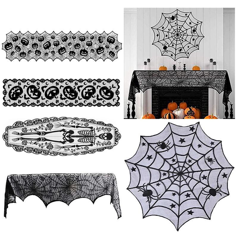 Spooky Halloween Table Runner Black Lace Spider Web Design Tablecloth Fireplace Scarf Haunted House Decor Party Decoration