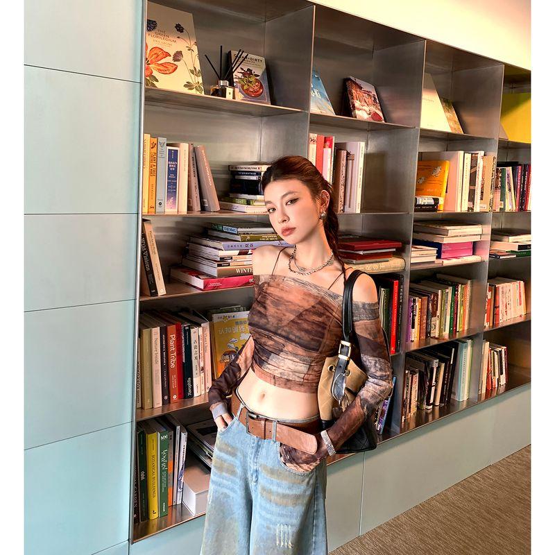 

Dula Haojia Sicilian Film/Tie-Dyed Mesh off-Shoulder Long Sleeves T-shirt Women s Early Autumn Thin Type Short Top Picture color presale S