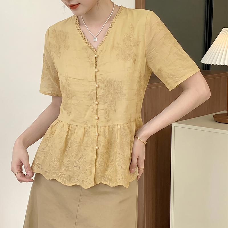 ZANZEA Women Elegant Embroidery Lace Patchwork Casual V-Neck Short Sleeve Blouse