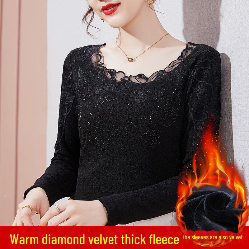 2024 Women's Plus-Size Long Sleeve Lace Mesh Warm Shirt