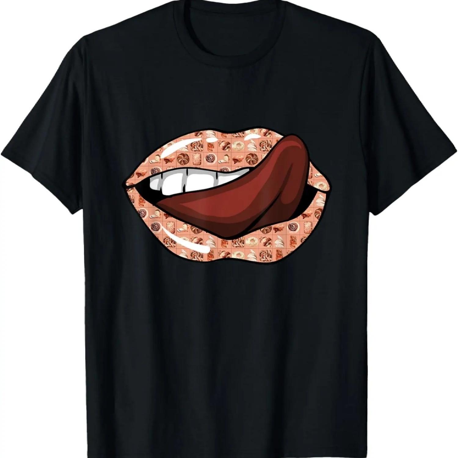 BROWN LIPS AND TONGUE WITH BREAD PATTERN ON THE MOUTH T-Shirt S