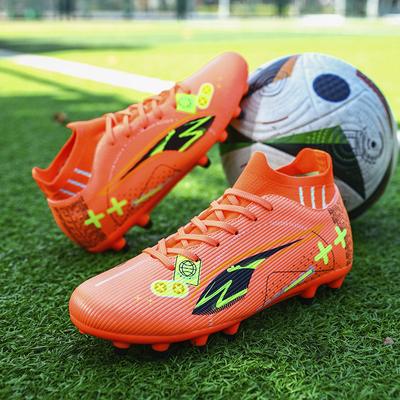 Chaussures de Football Orange FG/TF en Cuir pour Homme Extérieur Antidérapantes Chaussures de Football Professionnelles Homme Baskets à Lacets Chaussures de Futsal pour Homme