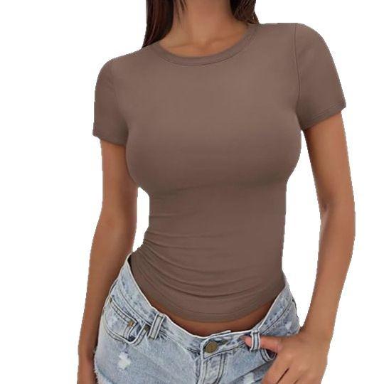 Europe beautiful woman tight spice navel short t-shirt summer slim crew neck short sleeve women's top