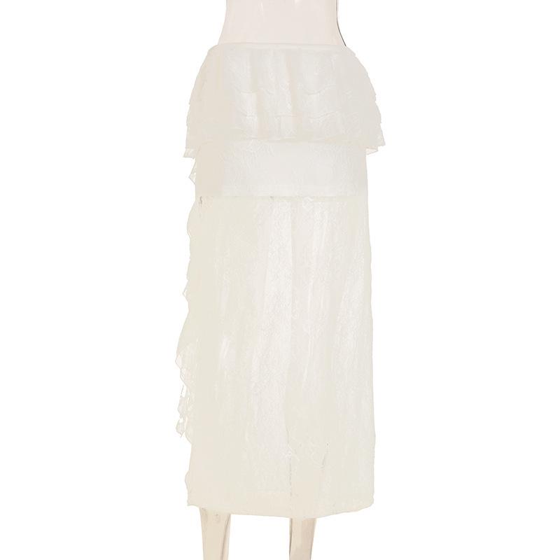 2025 Women's White Ruffled Lace Half Skirt, Holiday Style, Sexy & Slightly Sheer, Irregular Design