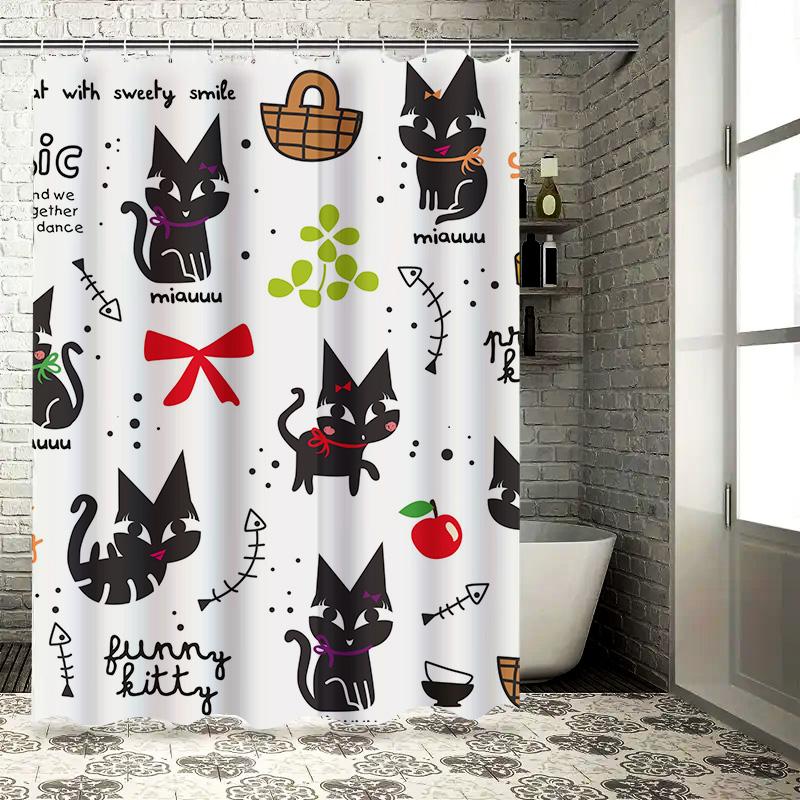 Kawaii Cats Shower CurtainBlack Cat Print for Bathroom Decor Pretty Kitty Fun Design Music and Fruit Love Quotes White Backgroun