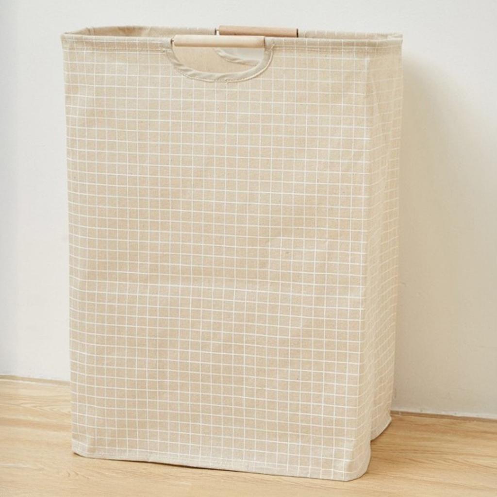 Foldable Cotton Linen Laundry Basket with Wooden Handles Waterproof Lining for Home Bedroom Bathroom Storage