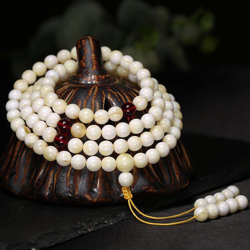 Natural White Amber Bone China Bracelet with 108 Beads for Men and Women