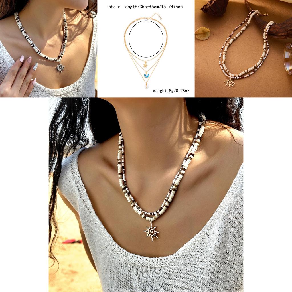 Sommer Strand Boho Muschel Anhänger Halskette Mit Holzperlen Für Damenmode