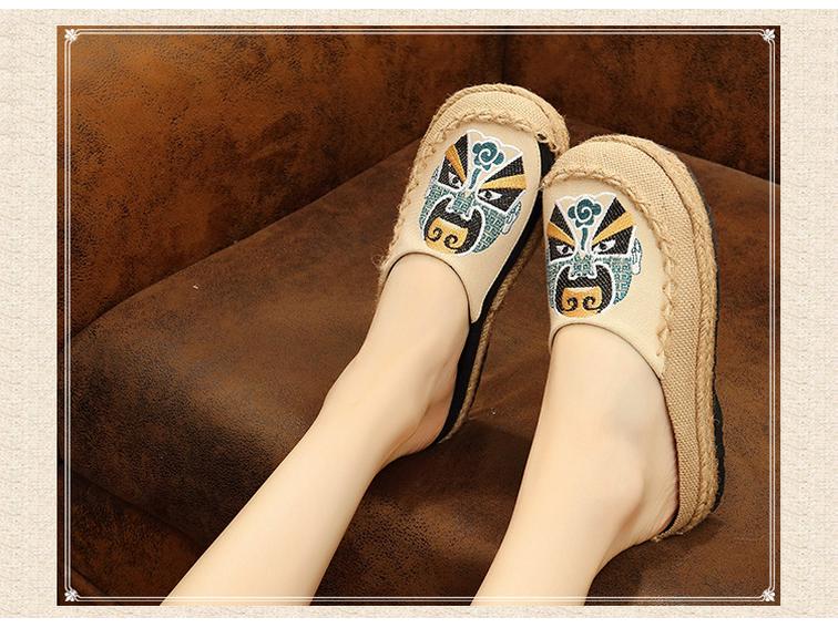 Peking Opera Face Embroidery Espadrilles - Handmade Linen Mori Girl Shoes
