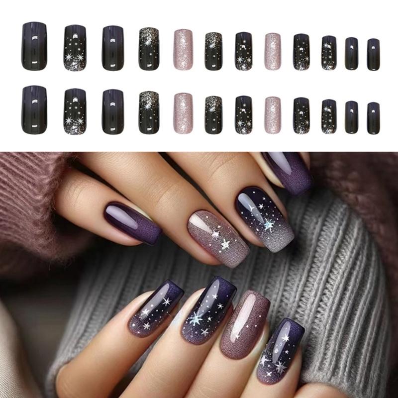 24 Stück Mittlere Quadratische Press-On Nägel Winter Blau Gradient Sternenlicht Vollabdeckung Falsche Nägel Set Nageldekorationen für Damen Mädchen