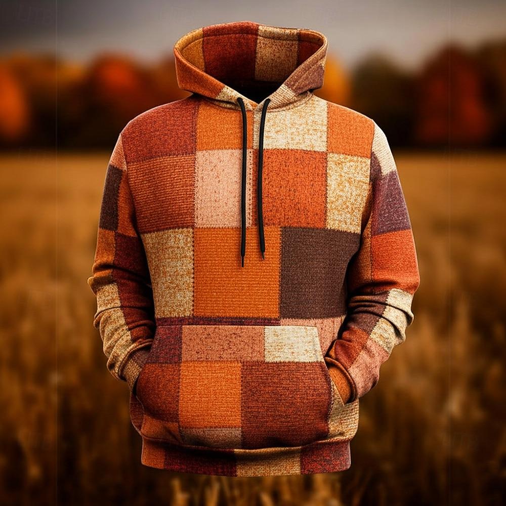 Men's Geometric Plaid Hoodie Sweatshirt Fashion Daily Crew Neck Home Party Streetwear Orange Brown Drawstring Fall Winter Designer