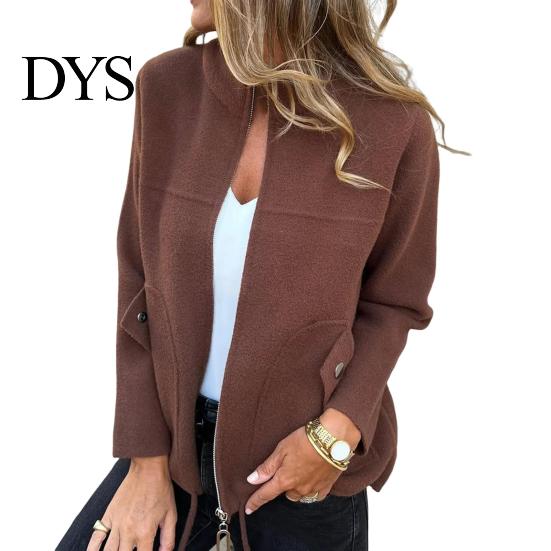 Women Casual Jacket Stand Collar Long Sleeve Woolen Coat with Pockets Solid Color Warm Lightweight Daily Wear Winter