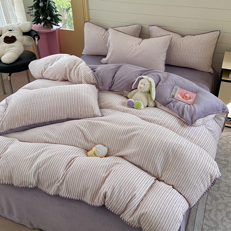 

Wuyin Style Skin-Friendly Thickened Milk Fleece Four-Piece Set Dormitory Three-Piece Set Bed Sheet Quilt Cover Bedding sheet 1.2 3pc- quilt cover 150x200