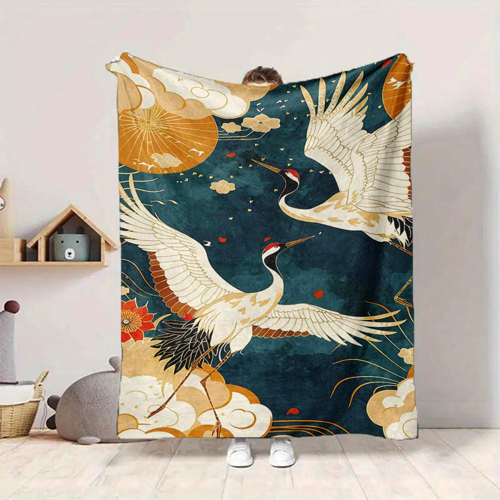 1 Stück leichte Flanelldecke mit Kranich- und Blumenmuster, bequeme und warme Decke, für Büro und Camping, Sofa, Bett, Wohnzimmer076