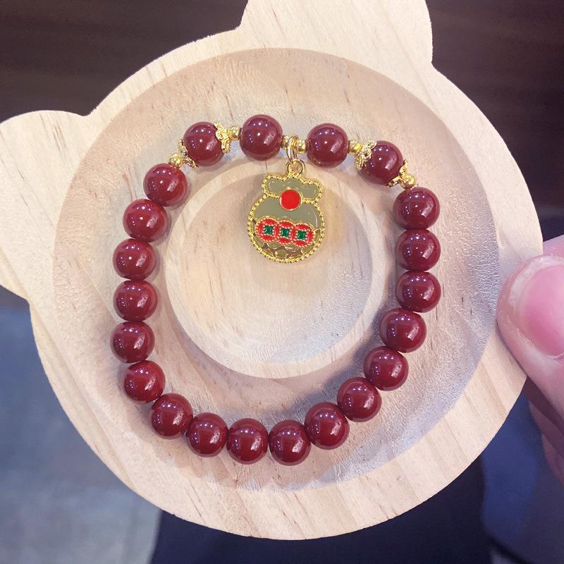 Imitation Cinnabar Beaded Bracelet with Four-Leaf Clover Charm - Ladies Night Market Jewelry