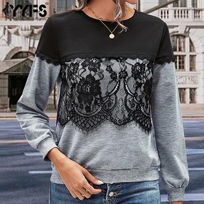 Γυναικεία Μόδα Casual Δαντέλα Μακρυμάνικη Μπλούζες & Πουκάμισα με Στρογγυλή Λαιμόκοψη