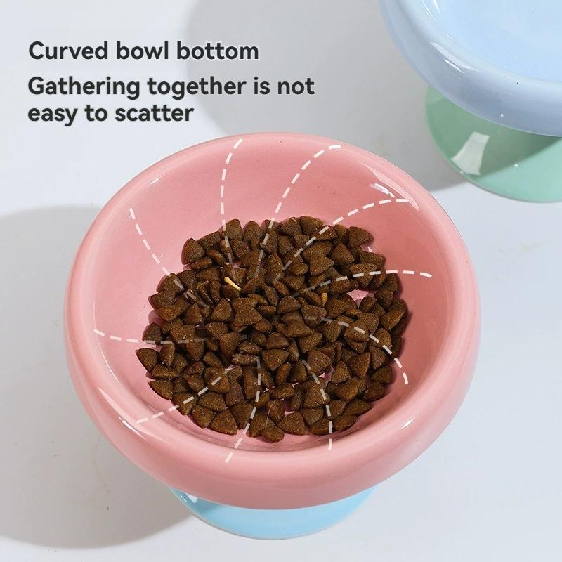 Colorful Ceramic Elevated Cat Bowl, Neck Protect Anti-black Chin Feeding Dish for Cats Kittens