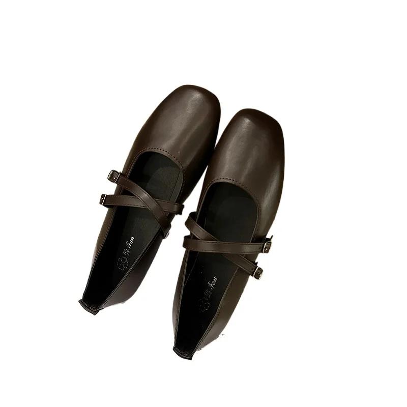 PU Round Toe Buckle Strap Mary Janes Spring/autumn Solid Women's Bags 2025 High Quality Shallow Square Heel Flats Sapatos Planos