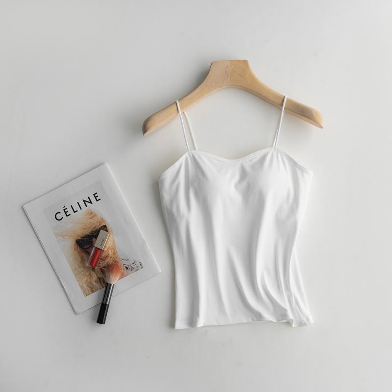 Women Cotton Camisole Tank Top Built-in Padded Bra Spaghetti Strap Basic Undergarment S-XL