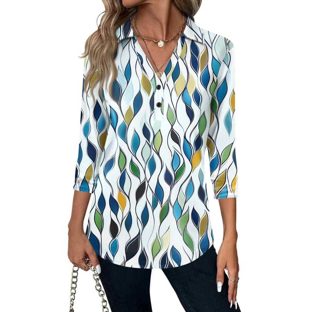 Women's Fashion Casual Lapel Short 3/4 Sleeve Print Shirt Women's V-Neck Button Tops