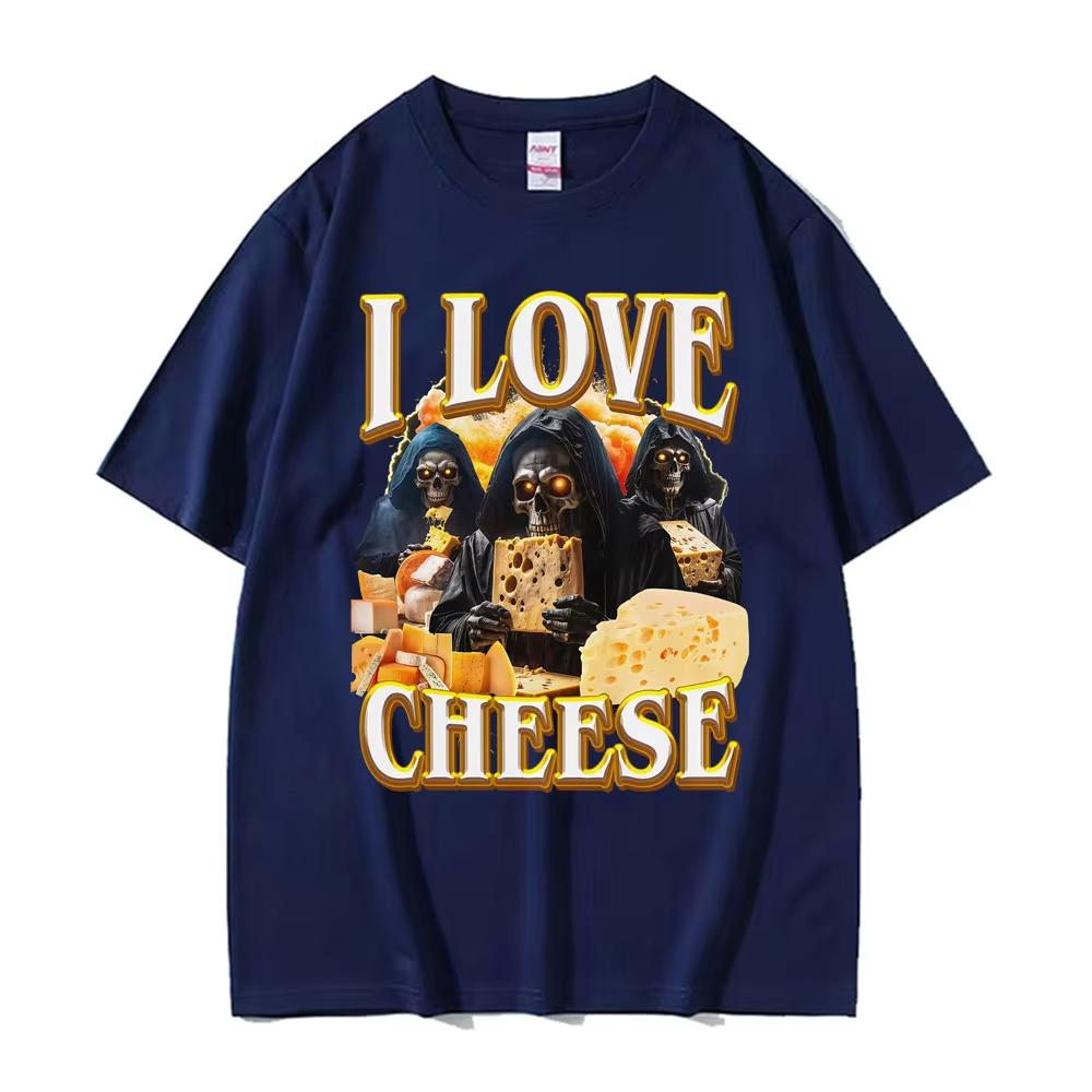 Vintage Skeleton I Love Cheese Meme T Shirts Funny Gothic Graphic Tshirt Mens Women Summer Crewneck Cotton Tshirts Streetwear