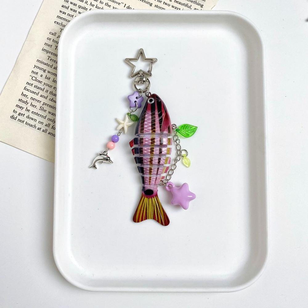 New Plastic Imitation Fish Keychains Multi Jointed Beaded Fish Hook Key Chain Ocean Style Keychain Pendant Bag Accessories