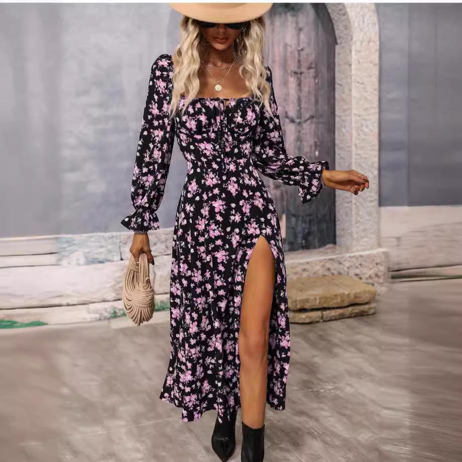 2025 Spring & Autumn European-American Bohemian Backless Print Long Sleeve Dress