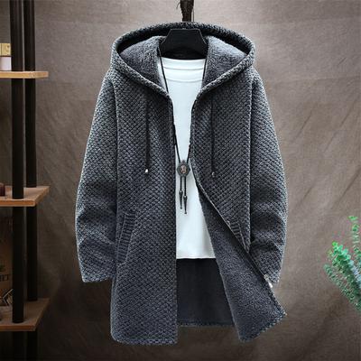 Autumn Winter Hooded Sweater Thicken Long Sleeve Drawstring Plush Lining Mid-Length Knitting Jacket Streetwear