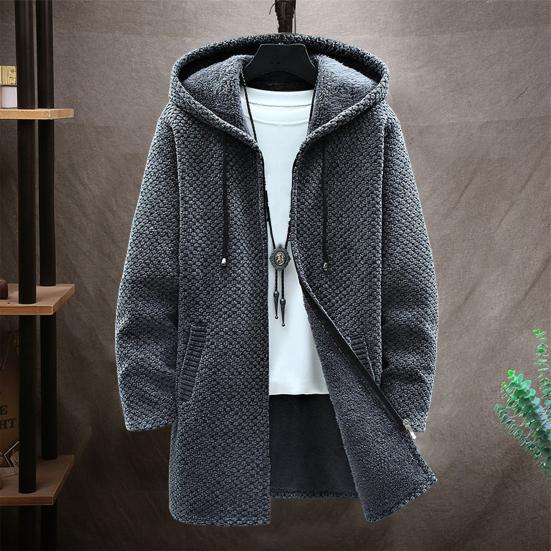 Autumn Winter Hooded Sweater Thicken Long Sleeve Drawstring Plush Lining Mid-Length Knitting Jacket
