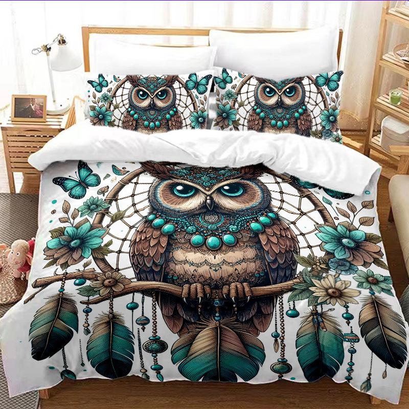 Eule 3D Digitaldruck Dreiteiliges Set Hautfreundlich Atmungsaktiv Bettbezug Studentenwohnheim Bettwäsche