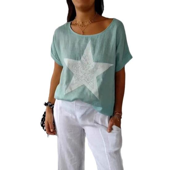 Dam Sommartoppar Kortärmad Rundhals T-shirt Hot Drill Stjärntryck Lös Passform Casual T-shirt Daglig Användning