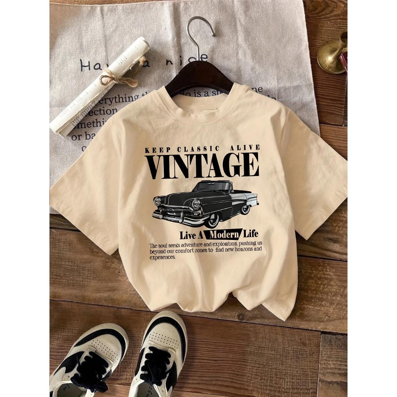 

Vintage Car Graphic Print T-Shirt Medium Stretch Knit Fabric Casual Sports Style Spring Summer New Tee Women Men Loose Casual Streetwear Oversized Top XXXL чорний