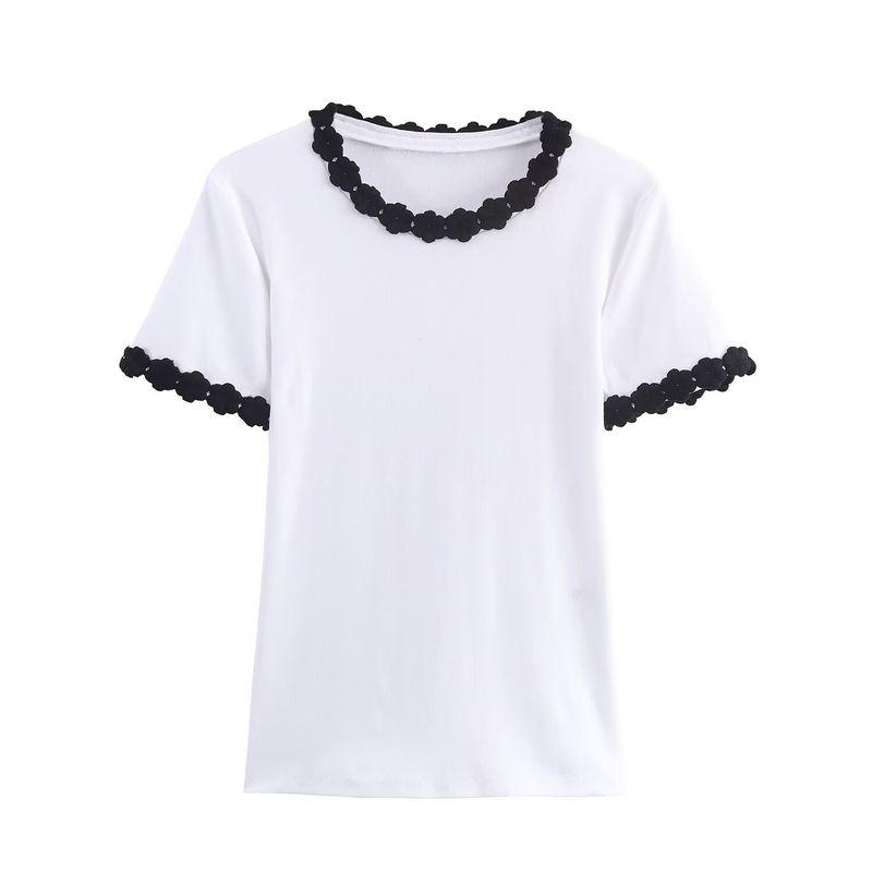

Zbzr Autumn New Women clothes Western Style Slim fit Flower Accessories round Neck Short sleeve T-shirt 5644863-in Stock White L