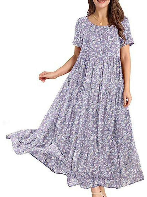 2023 Summer Pleated Floral Mid-Length Dress – Comfortable & Casual Loose Fit