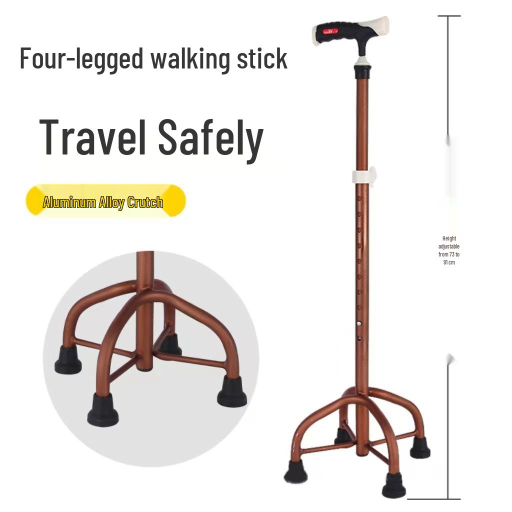 Adjustable Height Lightweight Aluminum Quad Cane with Non-Slip Base for Elderly