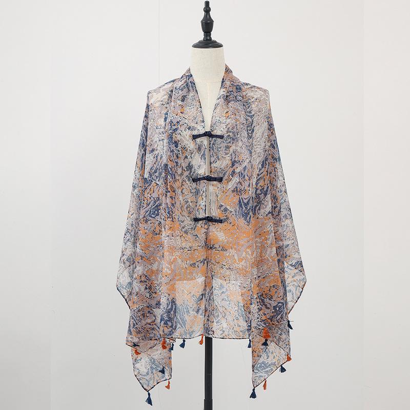 "Summer Ethnic Style Cotton-Linen Shawl: Handmade Retro Button Sunscreen Beach Cover-Up"