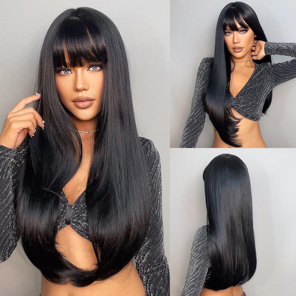 Licht wijnrode synthetische pruik met pony voor vrouwen, lange, steile pruik, natuurlijke pruik voor cosplay, feestjes en hittebestendige pruik. gray