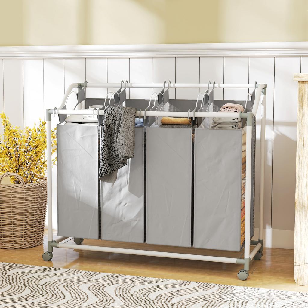 Laundry Basket with 4 Compartments, 160 L Laundry Sorter with Wheels, Removable Laundry Bag, 97 x 38 x 81 cm, Grey