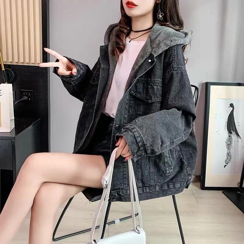 Zimní Silné Písmeno S Kapucí Džínové Bundy Ženy Patchworkové Ležérní Přidat Samet Džínové Kabáty Streetwear Volné Nadměrné Velikosti Teplé Svrchní Oblečení
