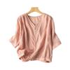 "Large Size Retro V-Neck Cotton Linen Top - Three-Quarter Sleeve, Breathable for Spring & Summer"