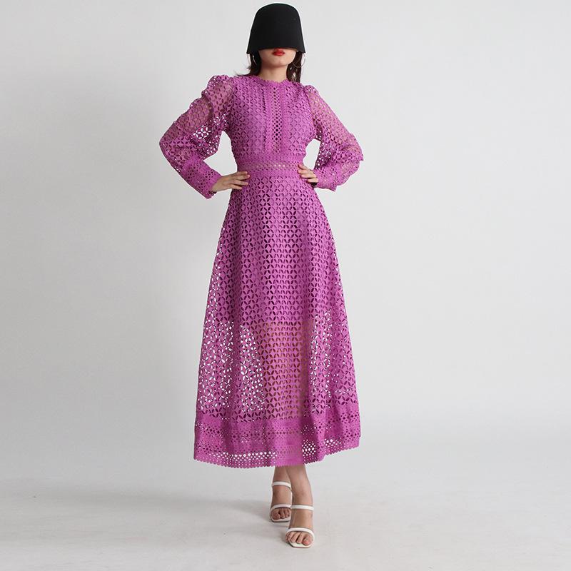 

2025 Весна Полая Вышивка Длинная Юбка Талия и Утягивающее Платье С Длинными Рукавами Для Женщин S фиолетовый