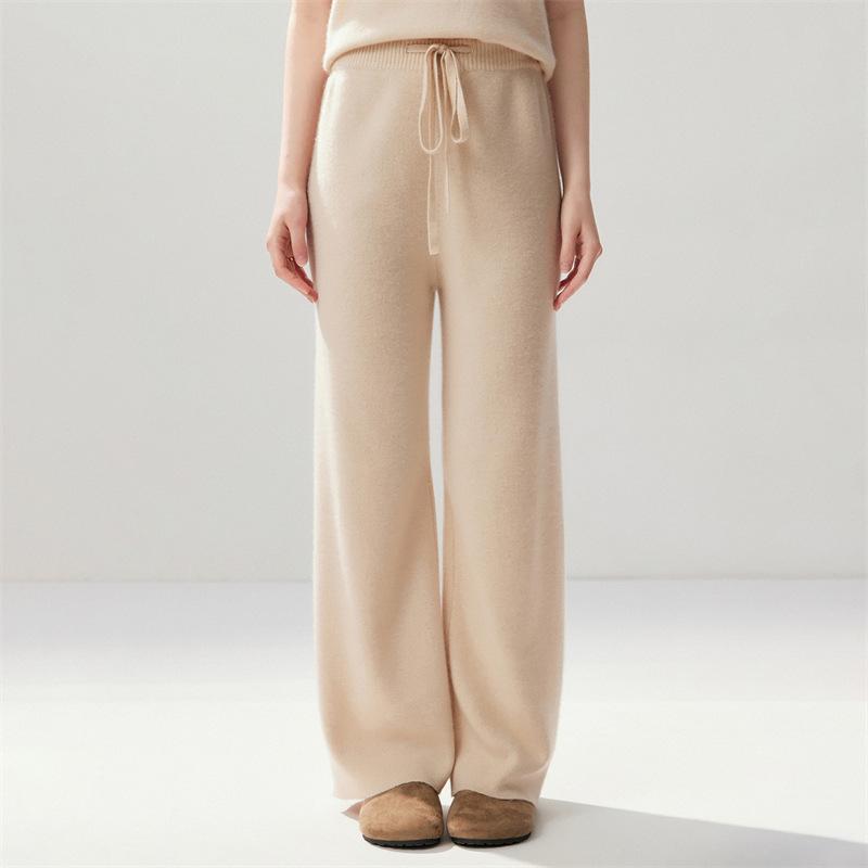 Lekasha Cashmere Women's High-Waisted Loose Knit Pants - Autumn/Winter Drawstring Style