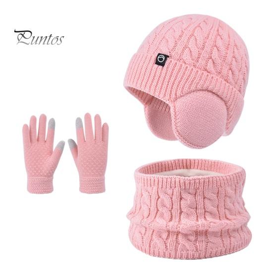 Girls Winter Warmth Set 3Pcs/Set Kids Hat Scarf Gloves Solid Color Twist Texture Fleece And Lining Earflap Touchscreen Neck Warmer Cold Weather
