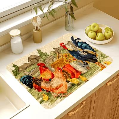 1Pcs Rubber Drying Mat With Retro Chicken Print For Coffee Shop Restaurant Kitchen Carpet Tableware Durable Diatom Mud Table Mat Pet Mat Coffeeware