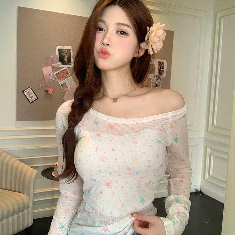 American Sweet Star Sun Protection Printed Long-Sleeve T-Shirt Slim-Fit One-Shoulder Summer Top Spicy Girl Women's Blouse